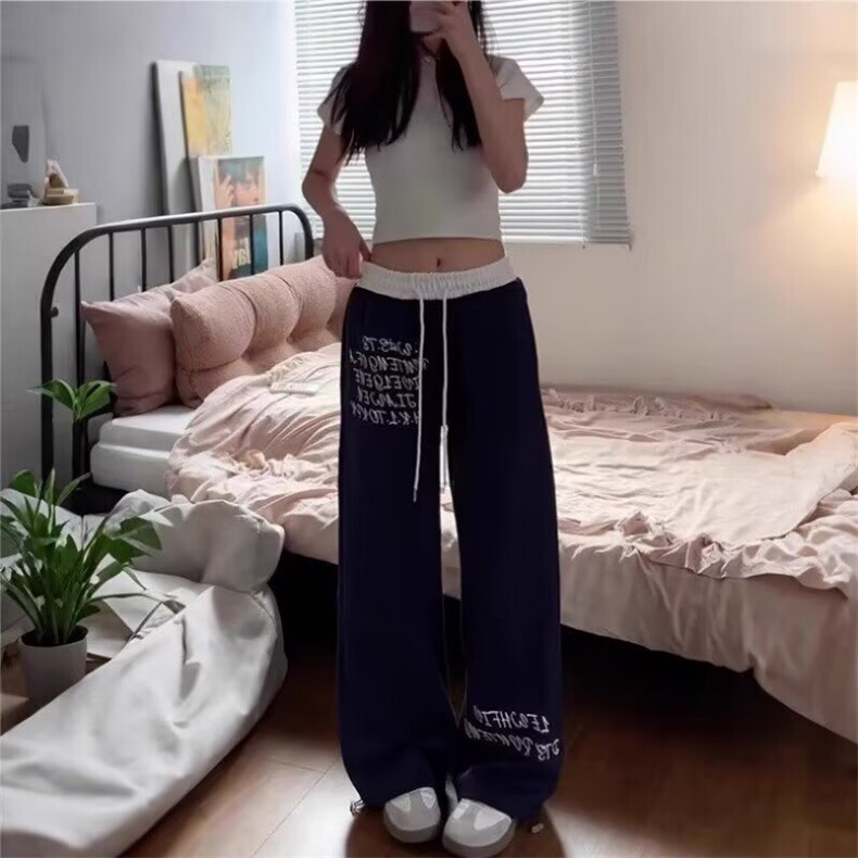 A129-P40 2025原创简约休闲卫裤爵士舞嘻哈男女同款长抽绳裤子图片
