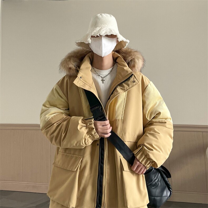 港风2026新品冬季宽松撞色棉服派克服毛领冬装加厚外套D009-P145,男装棉衣,星座717