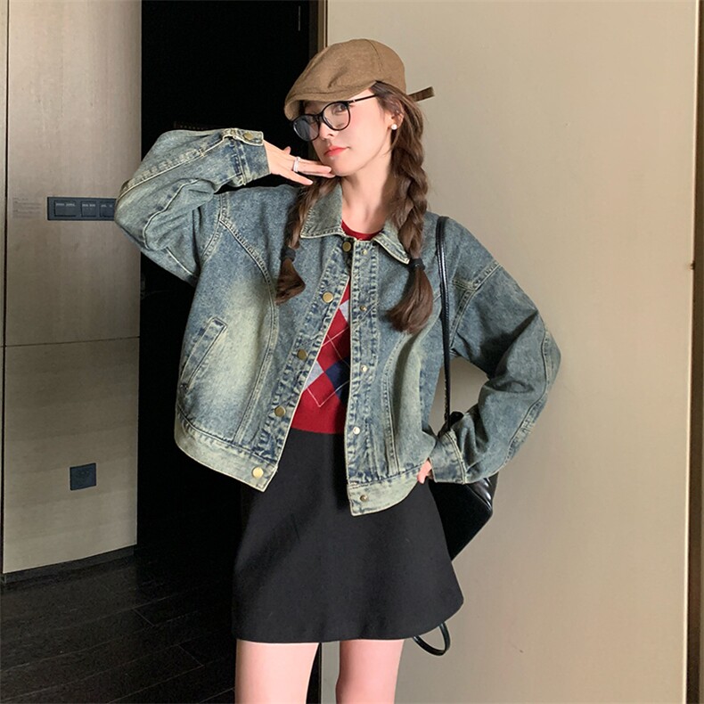 宽松慵懒风复古牛仔外套女2024春秋新款美式休闲显瘦工装夹克上衣,女装牛仔外套,纯色衣恋