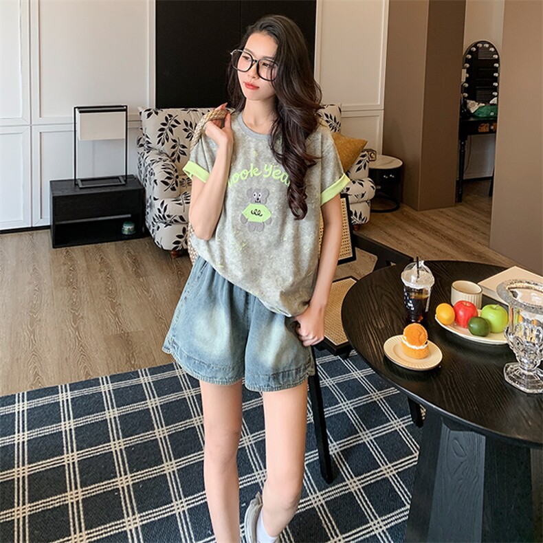 女夏新休闲运动时尚套装洋气百搭圆领扎染刺绣短袖牛仔短裤两件套,女装套装/套裙,江南