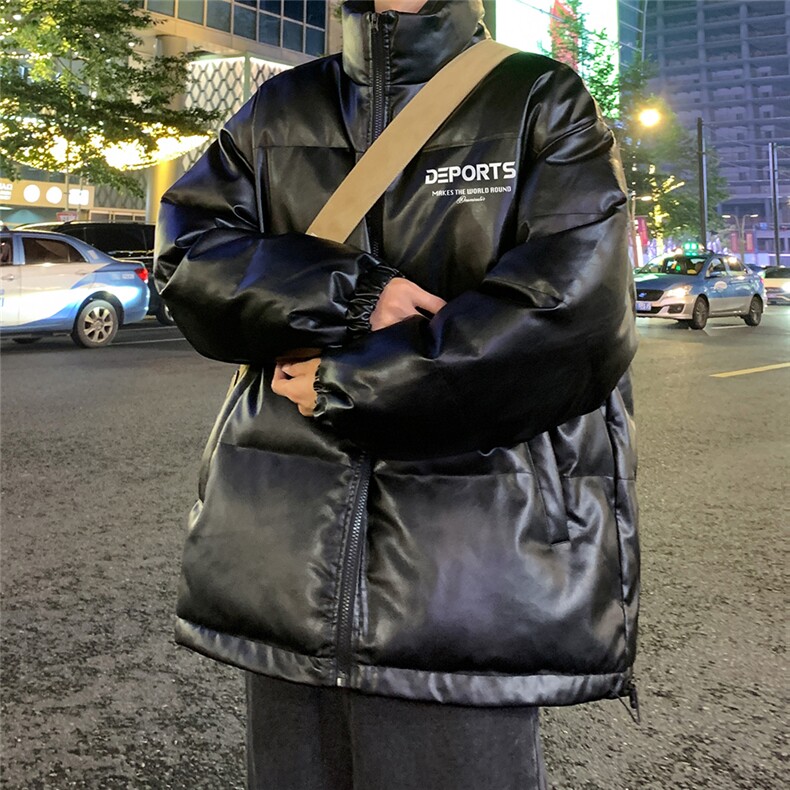 港风夜景冬款休闲字母印花立领PU皮棉服A247-MY84513特批95控158,男装棉衣,电商A247