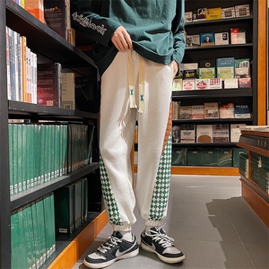 控68 秋季港风潮牌棋盘格拼接束脚裤休闲长卫裤子 K2202图片