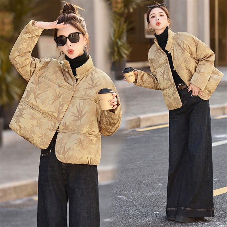 新中式国风提花短款羽绒服女2025冬季新款独特气质盘扣白鸭绒外套,女装羽绒服,橙子家