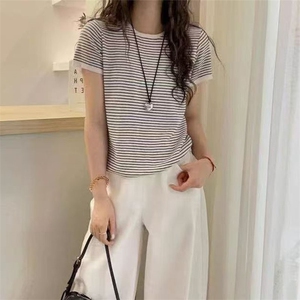 夏季百搭时尚冰丝面料针织短袖女圆领条纹宽松显瘦上衣2025新款韩图片