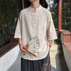 新中式风大码24夏季新款男小立领中袖上衣棉麻MT2301-P45-控68，男装衬衫，电商A021