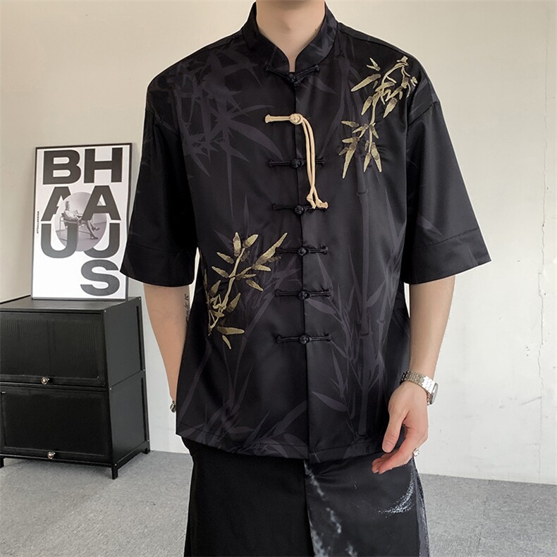 夏季新中式风竹叶冰丝手工盘扣大码男女刺绣短袖唐装上衣汉服图片