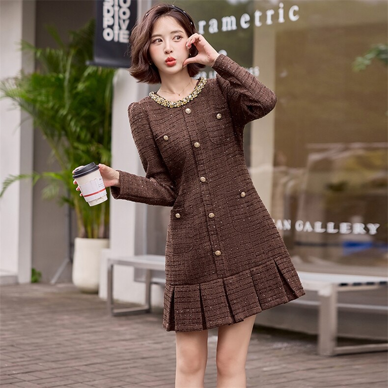 小香风连衣裙女春装2025新款高级感气质名媛小个子收腰显瘦百褶裙，女装连衣裙，天丝秀