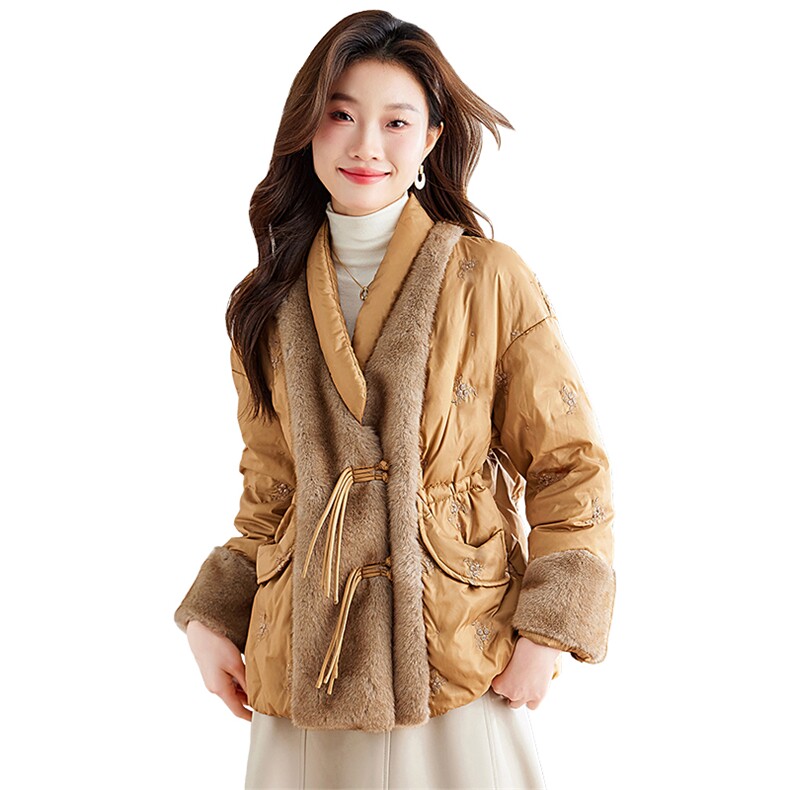 新中式刺绣羽绒服女2024冬季新款时尚洋气皮草拼接白鸭绒保暖外套,女装羽绒服,浙宝281