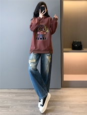 韩版时尚休闲套装女春季新款连帽刺绣卡通上衣破洞牛仔长裤两件套，女装套装/套裙，江南