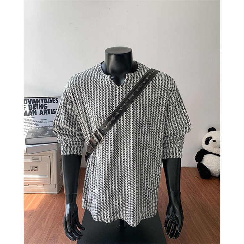 美式高街千鸟格子长袖T恤男女亨利V领英伦雅痞休闲宽松长袖打底衫，男装T恤，电商A443