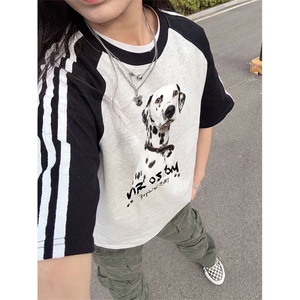 抖音得物品质二开240克宽松纯棉美式潮牌插肩三杠织带短袖T恤图片