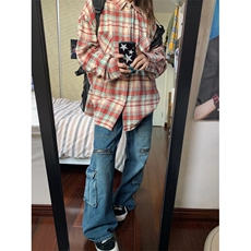 红色黄蓝色格子衬衫男女春宽松休闲情侣长袖衬衣外套K342-P45，男装衬衫，星座1007（原301D）