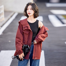 2024秋季新款短款工装外套女韩版宽松休闲连帽风衣大口袋冲锋衣潮，女装风衣，悦祺