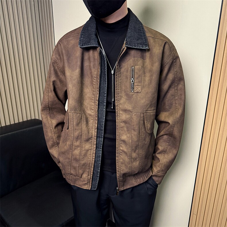 秋季新款假两件皮衣网红百搭修身皮夹克外套A368-P5809-P168,男装皮衣,电商A368