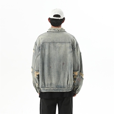 复古破洞牛仔外套男款宽松做旧涂鸦水洗翻领牛仔夹克JK1084-P78，男装夹克，星座1103-3