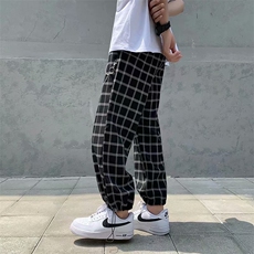 2023夏韩ins潮流带链条男士直筒裤格子休闲裤宽松九分裤K607-P32，男装休闲裤，星座512-2