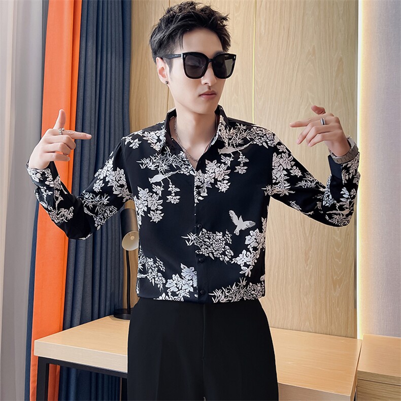 301A-1/H513/P58 秋季新款男士长袖印花衬衫2024男痞帅修身花衬衣图片