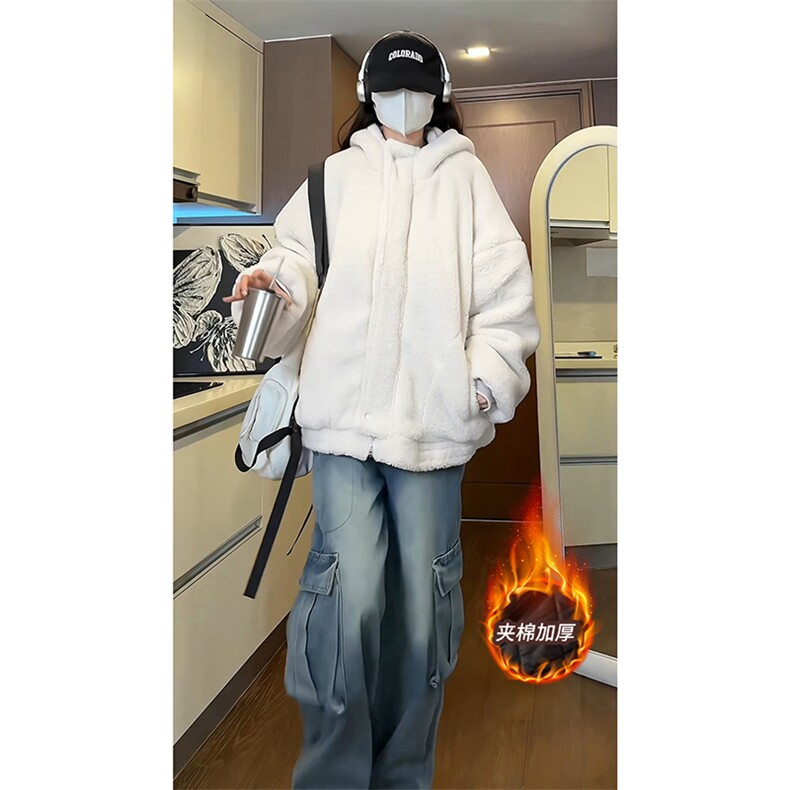 美拉德气质羊羔绒加绒加厚气质棉衣宽松连帽外套HY676TP98,男装棉衣,电商A102B