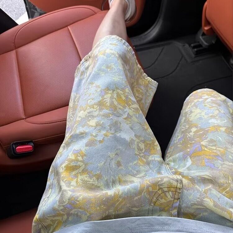 美式满印花牛仔短裤男款夏季潮牌痞帅宽松直筒五分中裤XD655,男装牛仔裤,星座208-5
