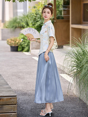 新中式国风套装裙女2025夏新款气质印花盘扣短袖上衣半身裙两件套，女装套装/套裙，沁沁公主