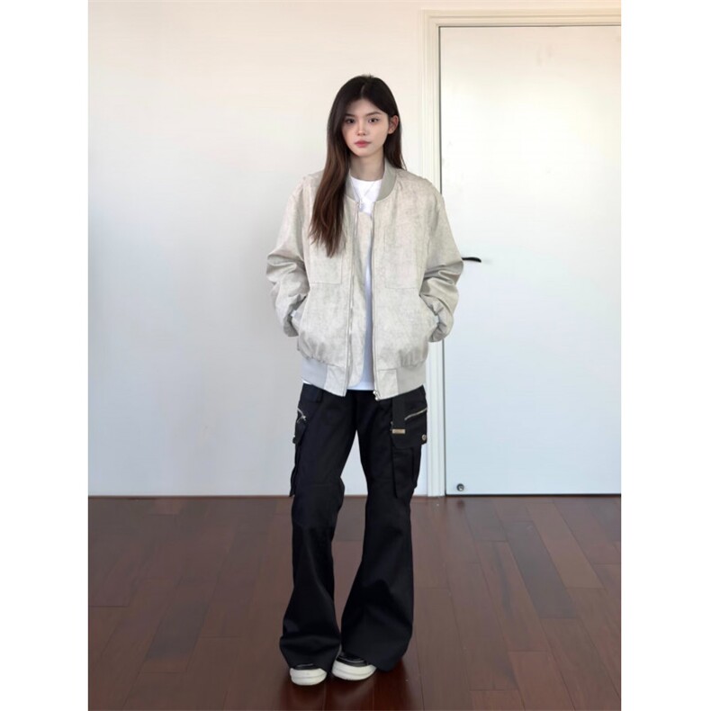 慵懒文艺流行ins百搭新款潮流时尚原宿棒球领短宽石灰女夹克外套,女装短外套,星座506A
