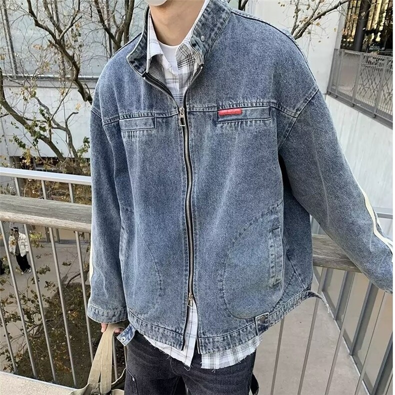 秋季新款水洗做旧牛仔外套男女中性vintage立领夹克潮流百搭上衣图片