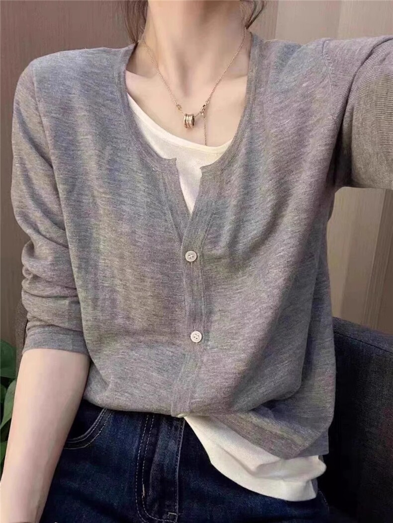 春秋新款轻薄精纺细羊毛开衫女假两件圆领超薄防晒针织衫外搭上衣,女装T恤,佑昭祥羊绒