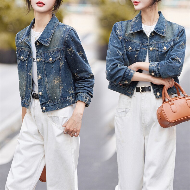 早秋新款牛仔外套女2024休闲韩版时尚刺绣蝴蝶结烫钻洋气百搭上衣，女装牛仔外套，江南女神
