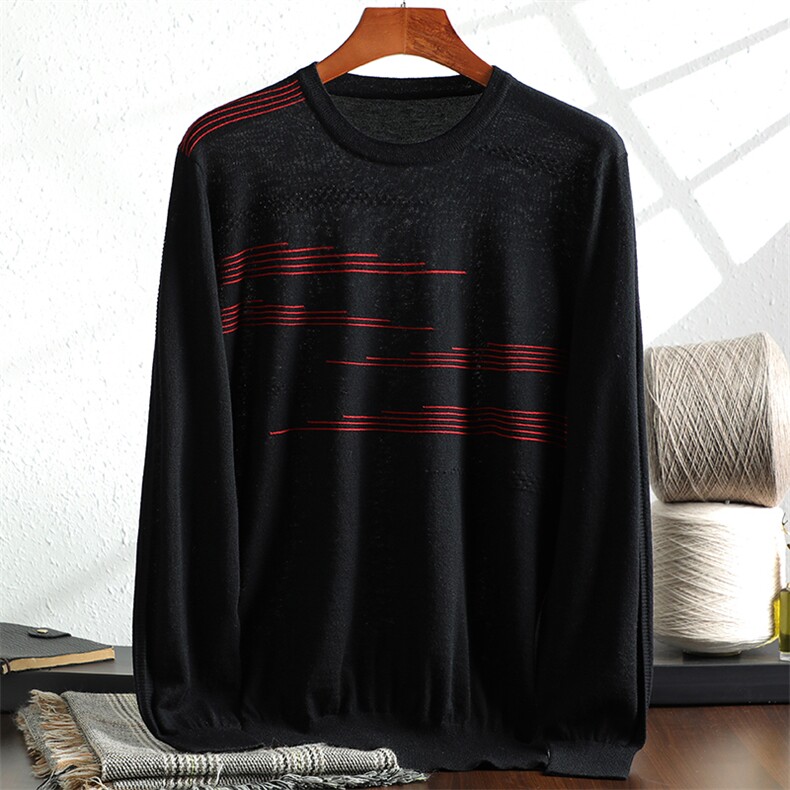 秋冬季羊毛休闲时尚百搭爱登堡同款男48支红拼色圆领羊毛衫男装，男装羊毛衫，朝思羊绒