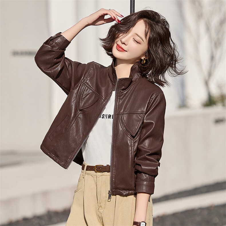 皮衣外套女短款2025新款春季时尚立领小个子休闲机车服皮夹克上衣,女装皮衣,臻衣坊