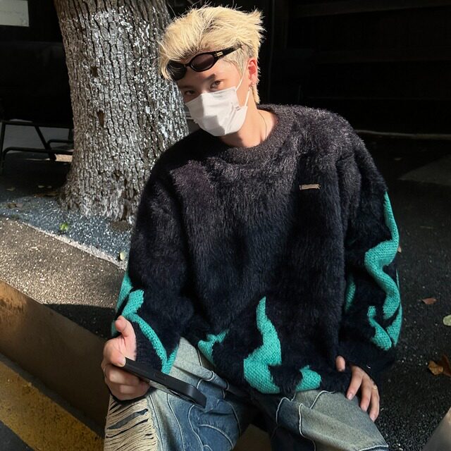 潮流火焰印花嘻哈设计感针织衫男女美式复古vintage情侣毛衣,男装针织衫/毛衣,星座716-3