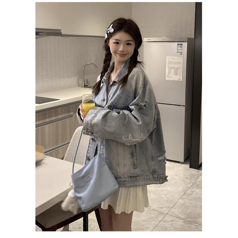 网络图复古水洗休闲破洞牛仔做旧翻领夹克男女宽松百搭牛仔外套,男装工装外套,星座410-7