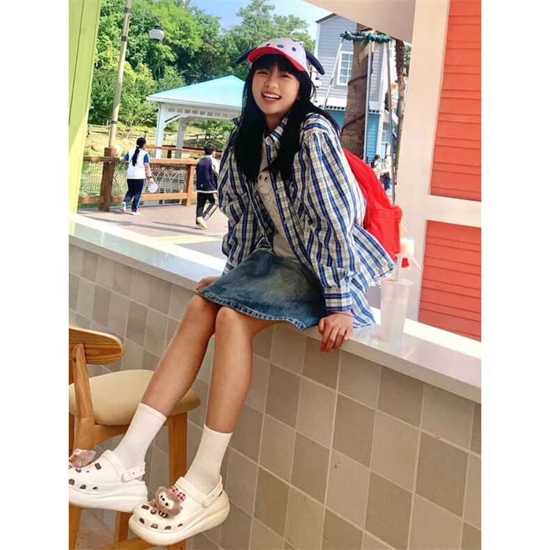 TC1316-P55经典蓝白色格子衬衫女春夏季新款港风宽松休闲衬衣上衣,女装衬衫,星座617A-2
