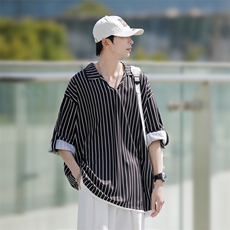 2023夏装假两件条纹冰丝短袖衬衫男宽松衬衣C501P45黑，男装衬衫，电商C323