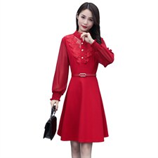 2021春季新款时尚气质立领灯笼袖拼花边连衣裙配腰带，女装连衣裙，岚衣(原川流布茜）