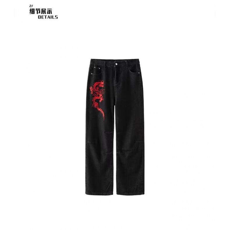 高质量美式复古刺绣牛仔裤男春秋男生设计感裤子显腿长微喇裤图片