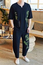 风套装男夏季刺绣亚麻短袖t恤潮流宽松棉麻一套衣服TZ96，男装T恤，星座509