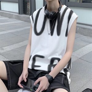 美式高街ins潮牌坎肩背心夏季涂鸦字母印花无袖T恤男 T924-P21图片