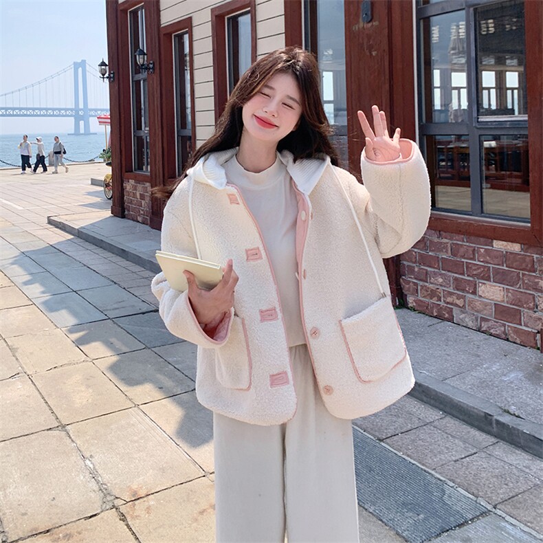 两面穿羊羔毛外套女加厚设计感2024新款小个子摇粒绒菱格连帽棉服,女装羊羔毛/颗粒绒,浙宝203