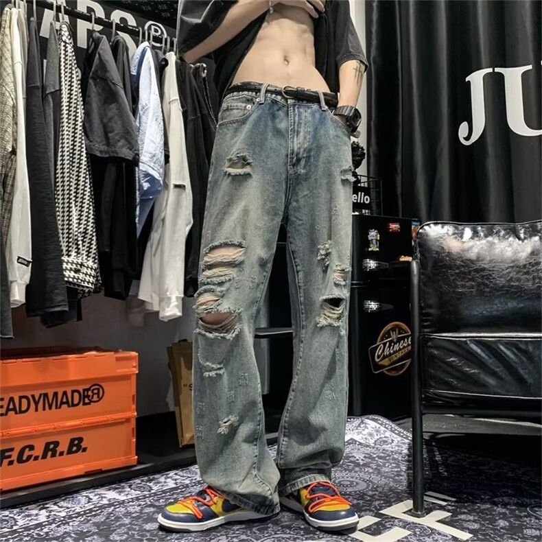 高街hiphop复古破洞牛仔裤男宽松直筒裤ins潮牌阔腿裤NK3021-P43图片
