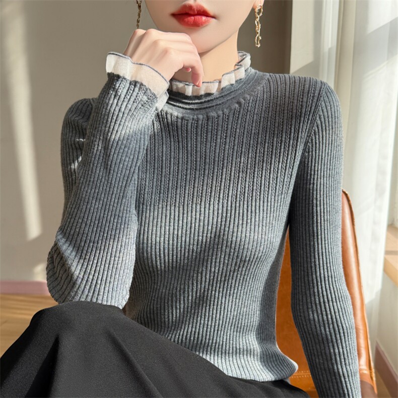 2025年秋季时尚百搭通勤简约休闲木耳边针织衫，女装羊毛衫，凯思米羊绒