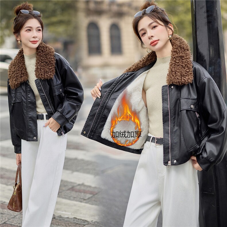2025年冬季新款时尚休闲加绒皮衣，女装棉衣/棉服，红依佳
