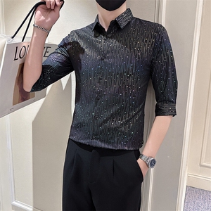 店主风社会小伙男士烫金七分袖痞帅衬衫301A-1/CS587/P55图片