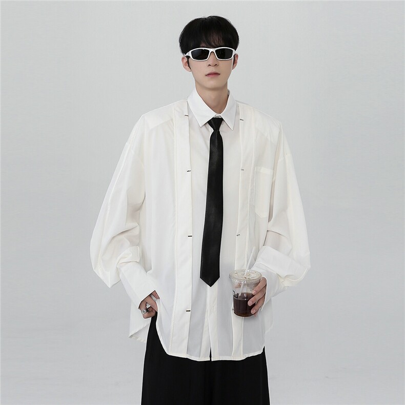 现货小众层次压皱设计感垫肩衬衫男长袖宽松廓形白衬衣CS27-P68，男装衬衫，电商C307