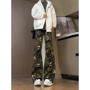美式高街迷彩蛇纹牛仔裤男女潮牌帅气炸街裤子高腰修身显瘦微喇裤图片