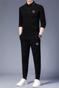 秋季长袖薄款T恤套装男新款翻领商务休闲中青年时尚潮流两件套图片