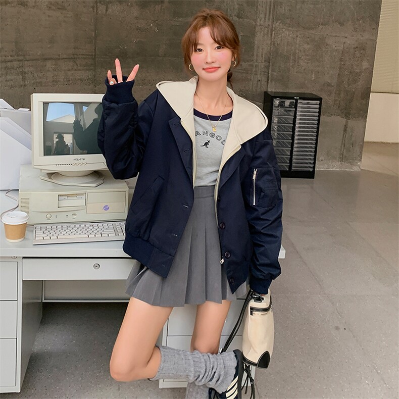 超火藏青色短款连帽棒球服外套女春2025新款设计感假两件夹克图片