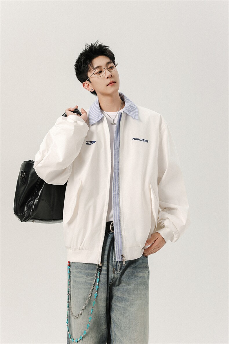 【A054JK333P85控158】美式复古假两件翻领棒球服夹克外套中性风,男装夹克,电商A021