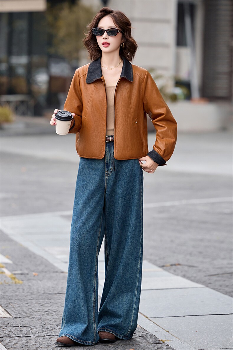 2025冬季女装新款大量现货时尚拼接翻领港风皮衣外套,女装皮衣,衣之秀