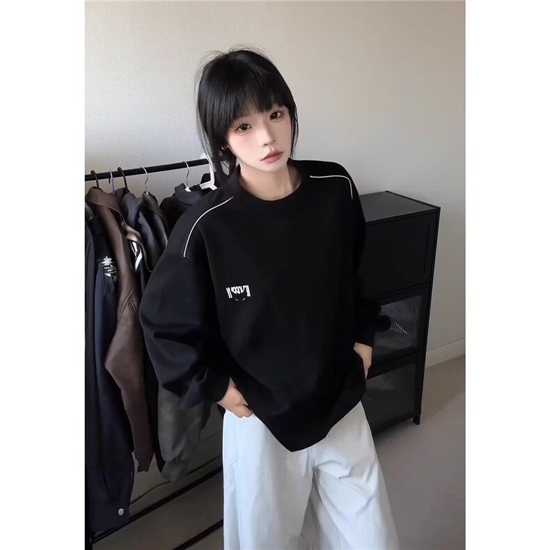 黑色圆领卫衣男春秋季新款美式ins潮流高级感恶魔猫眼印花宽松T恤,男装卫衣,星座506A